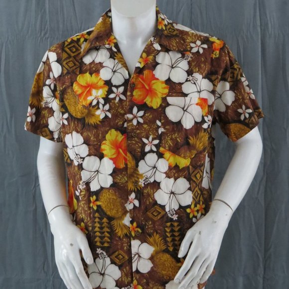 Vintage Hawaiian Shirt - Flowers on Brown by Royal Hawaiian - Men's Large - Picture 6 of 10
